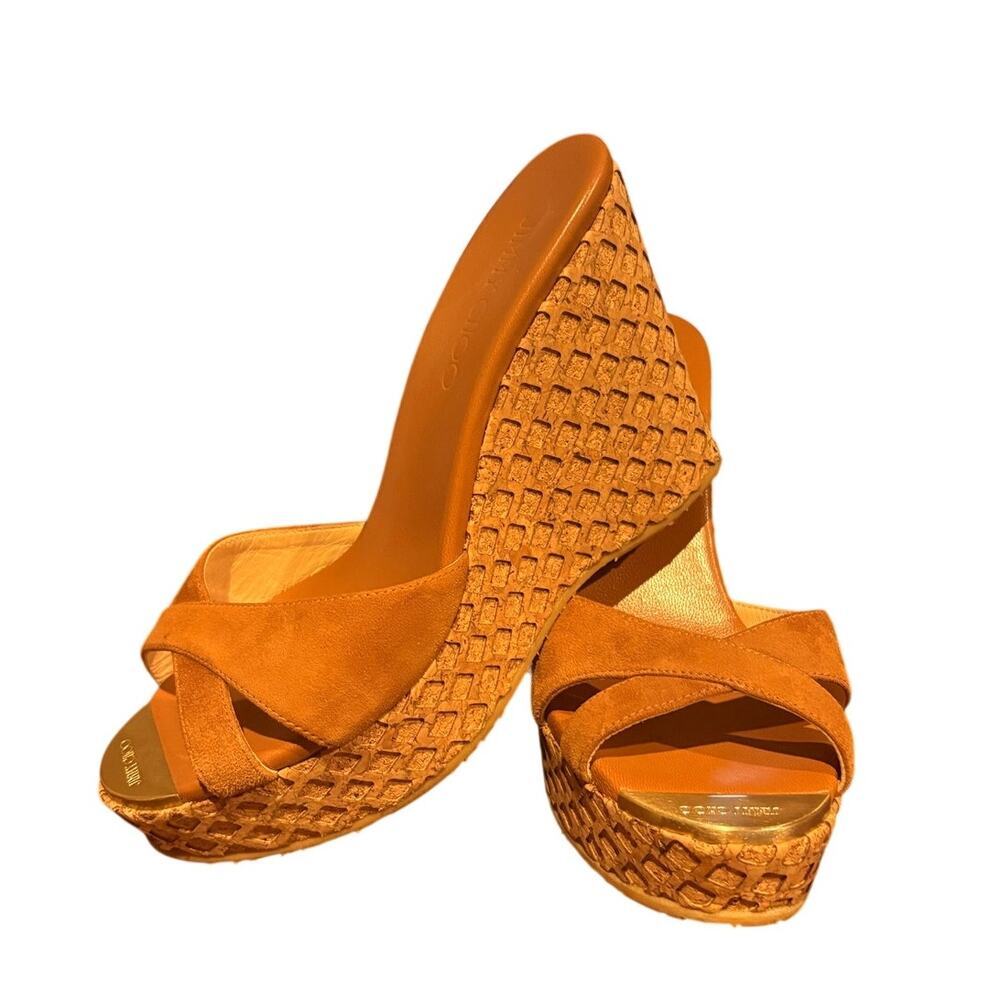 Jimmy Choo suede 105 MM tan brown wedges 37 1/2 7